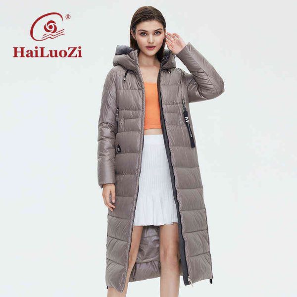 

hailuozi women's winter coat lengthened style women thick jacket hooded fashion unique design high-quality cotton parker 6022 211130, Black