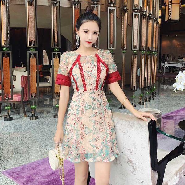 

summer runway designer mesh lace dresses women's short sleeve vintage flower embroidery party dress vestidos 210529, Black;gray