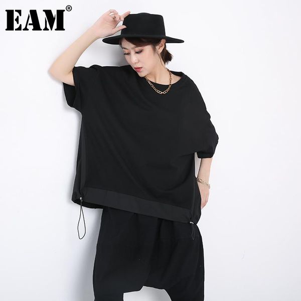

women's t-shirt [eam] women blue big size drawstring irregular casual round neck half sleeve fashion spring summer 2021 1dd794801, White