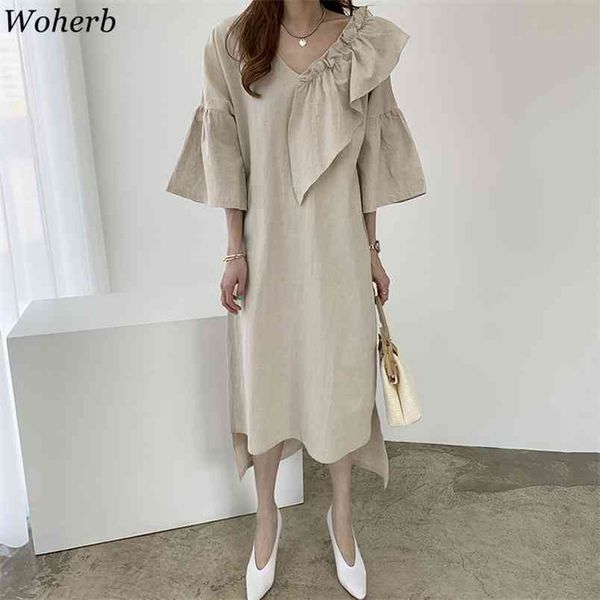 

vintage elegant solid dress summer ruffle patch es flare sleeve v-neck asymmetrical long vestidos 210519, Black;gray