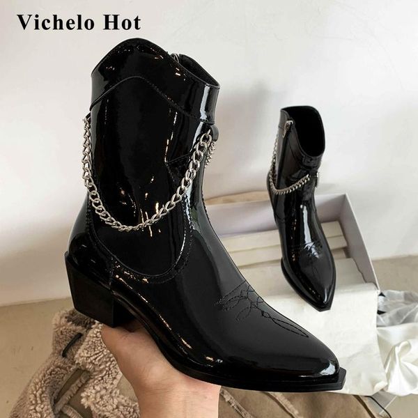 

boots vichelo western cow patent leather chain decorations british designer pointed toe high heel zip mature ankle l82, Black