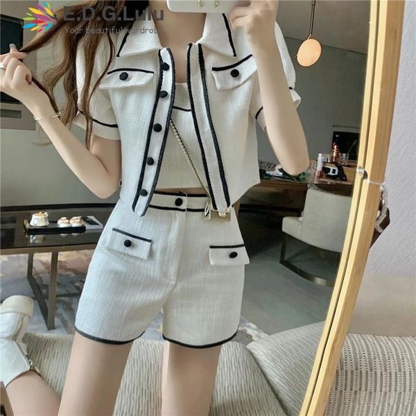 

women's tracksuits edglulu summer women casual 3 pieces sets turn-down collar short sleeve t-shirt+backless crop +buttons shorts lady s, Gray