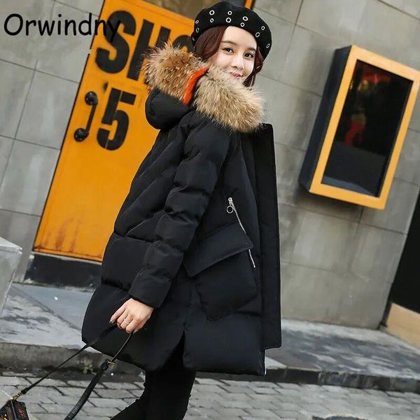 

orwindny winter coat women oversized warm parkas loose cotton padded jacket female big pockets zipper clothing hooded women's down &, Black