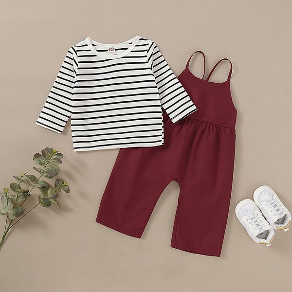 

spring autumn series girls clothing korean kid set long sleeve striped + solid color sling 2 pieces 210515, White