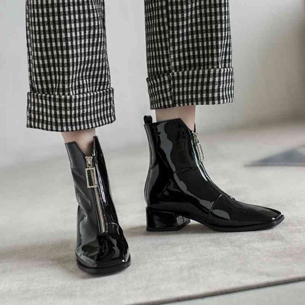 

autumn and winter patent leather square toe medium thick heel single boots women's boots 210507, Black