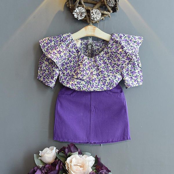 

korean children's clothing 2021 summer style girl's western-style floral doll shirt + purple hip skirt two-piece suit trend sets, White