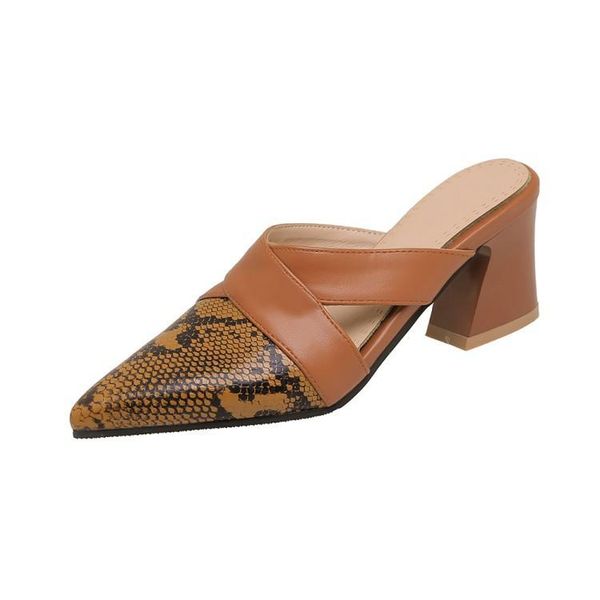 

summer snake pattern stitching pointed sandals fashion thick heel outer slippers mules, Black