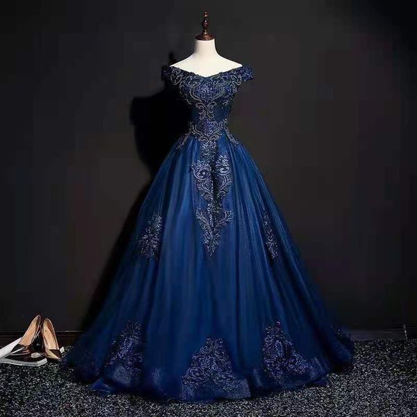 Grânulos de luxo azul quinceanera vestidos vestido de bola fora do chão de ombro comprimento longo baile festa doce 16 vestido apliques lace