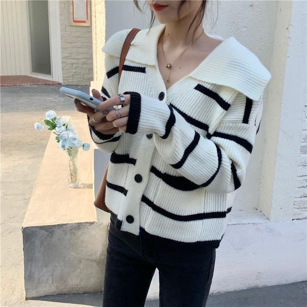 

women's knits & tees lazy gentle big lapel striped sweater knitted autumn retro loose outwear temperament all-match black cardigan casu, White