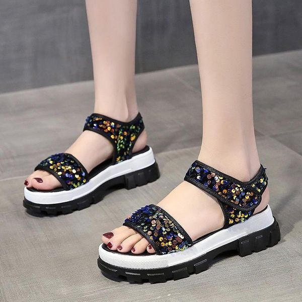 

bling open toe shoes for woman summer dress elegant sandals platform female lady beach casual women, Black