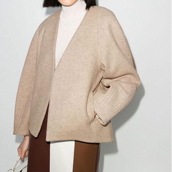 

women's wool & blends blend women coat v-neck no buttons casual wild lady woolen, Black