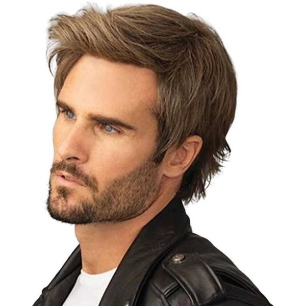 

star men's wig brown eversion short hair high temperature silk wig, Black