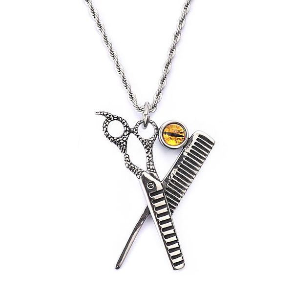 

pendant necklaces fashion men retro color black blue yellow stones stainless steel hair stylist comb scissors pendants necklace jewelry, Silver