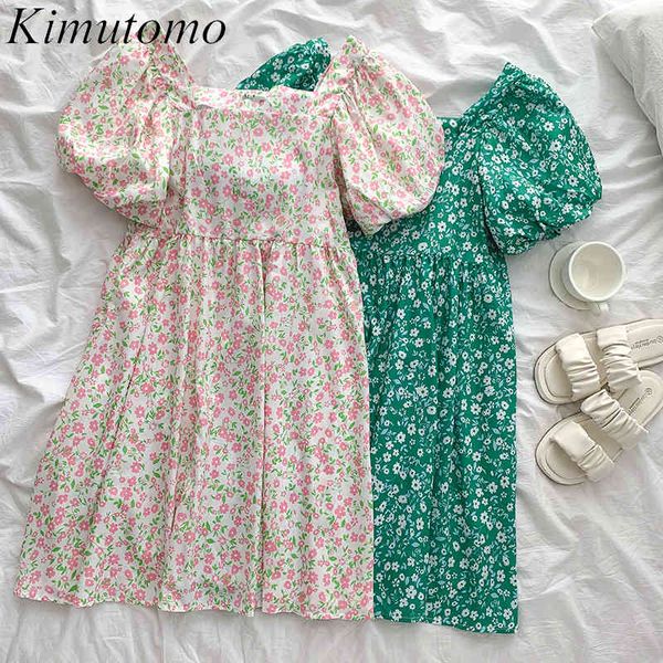 

kimutomo sweet elegant floral dresses girls summer square collar short puff sleeve slim high waist mini vestido fashion 210521, Black;gray