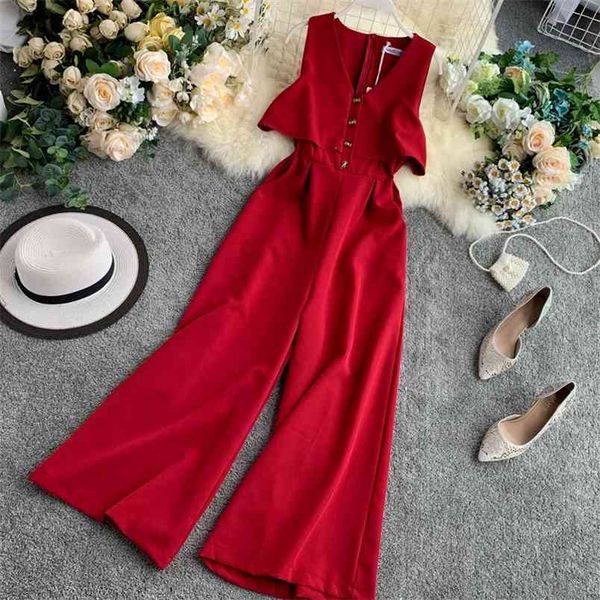 

women's summer overalls korean version of loose sleeveless nine-point wide-leg pants high-waist tooling slim ll018 210506, Black;white