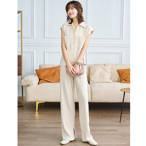 

women's two piece pants suits women pieces set pants 65% silk blended turn-down collar sleeveless elegant style 2 colors ladies fashion, White