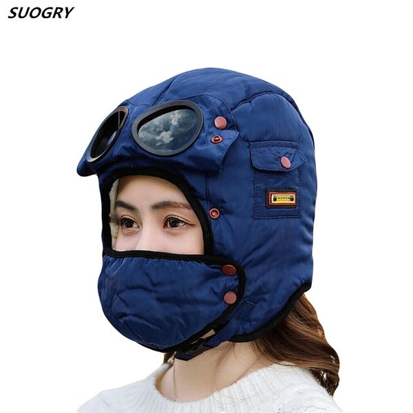 

father-son winter hat boy fur bomber hats earflap windproof snow cap thick warm girls glasses mask ushanka hat, Blue;gray