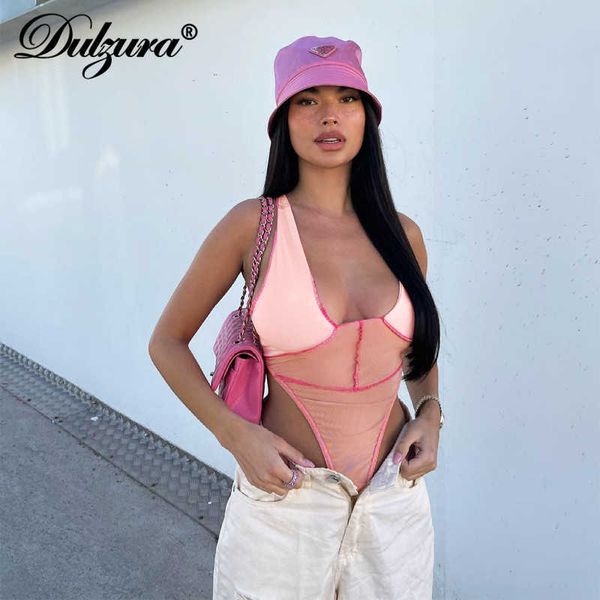 

mesh patchwork women thong bodysuit v neck sleeveless bodycon streetwear party club 2021 summer clothes body romper, Black;white