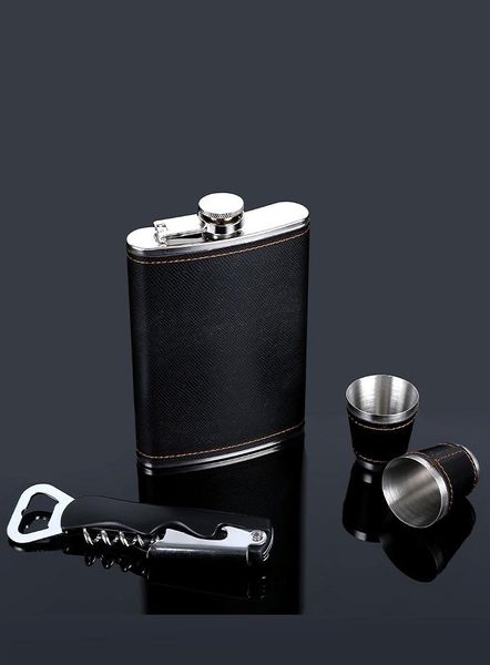 

hip flasks 5pcs/lot 9oz pu stainless steel flask set with wine cup bottle opener liquor whisky alcohol funnel pot drinkware flagon
