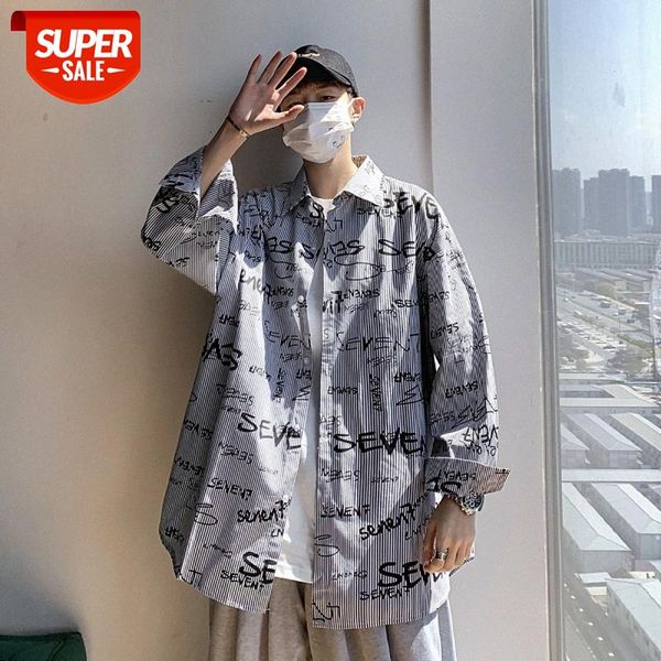 

fashion striped printing men's three-quarter sleeves all-match long-sleeved casual shirts hong kong trend #qo30, White;black