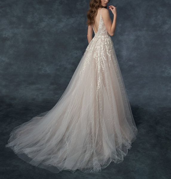 2021 3D Çiçek Gelinlikler Bir Çizgi Dantel Aplike Boncuk Backless Sweep Tren Gelin Elbiseler Robe de Mariée