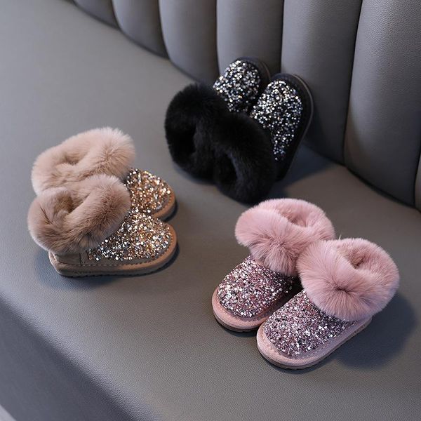 

boots girls snow baby cotton winter plus velvet warm 1-3 years old infants and toddlers shoes rhinestone short, Black;grey