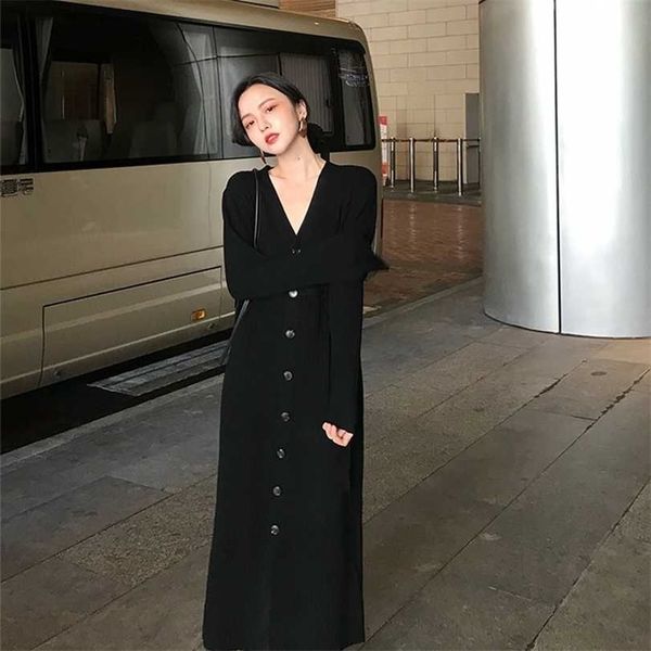 

autumn knit maxi dress long sleeve sweater e v neck es 211220, Black;gray