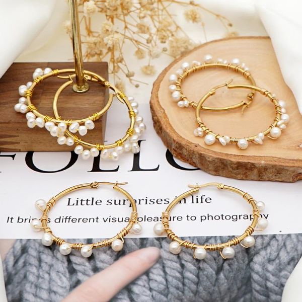 

hoop & huggie go2boho 2021 trendy freshwater pearl ear ring earrings for women beach pearls jewelry stainless steel circle golden earring, Golden;silver