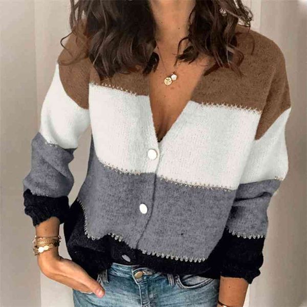 

casual stripe vintage cardigan women autumn winter sequin oversized button up knitted v neck 210427, White;black