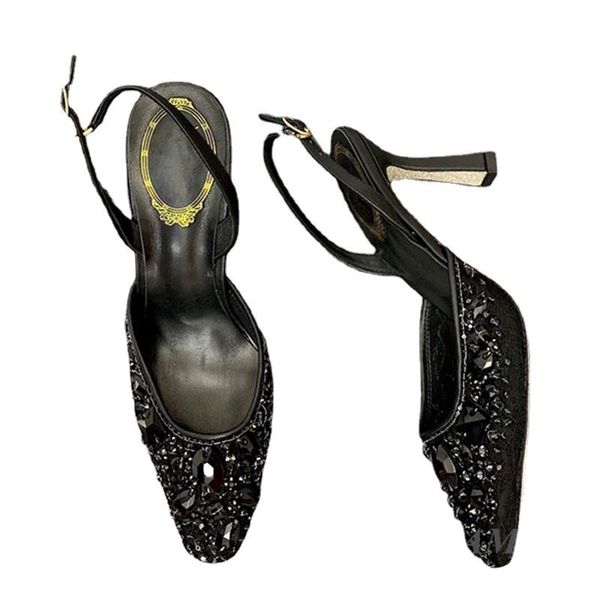 

sandals 2021fashion pink crystal high heel genuine leather pointed toe outer wear summer ladies party shoes, Black