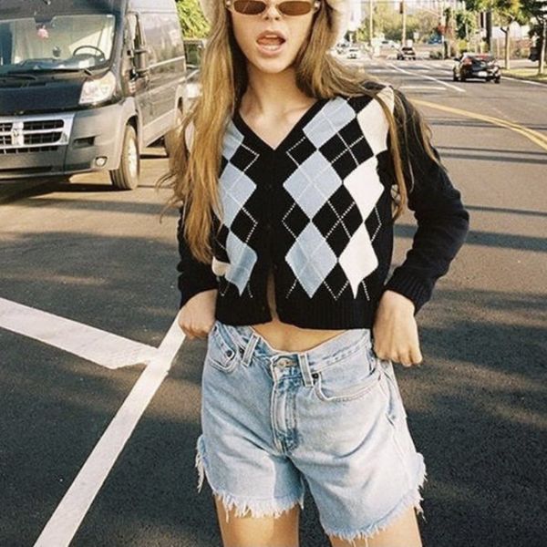 

sweater 2021 springtime vintage woman thin argyle chess neck cardigan short girls y2k soft preppy style mesh, White;black