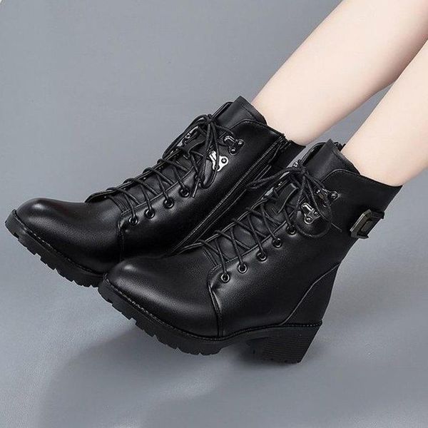 

boots women autumn winter snow 2021 female chunky heels platform no slip shoes ladies solid lace up warm plush casual boot, Black