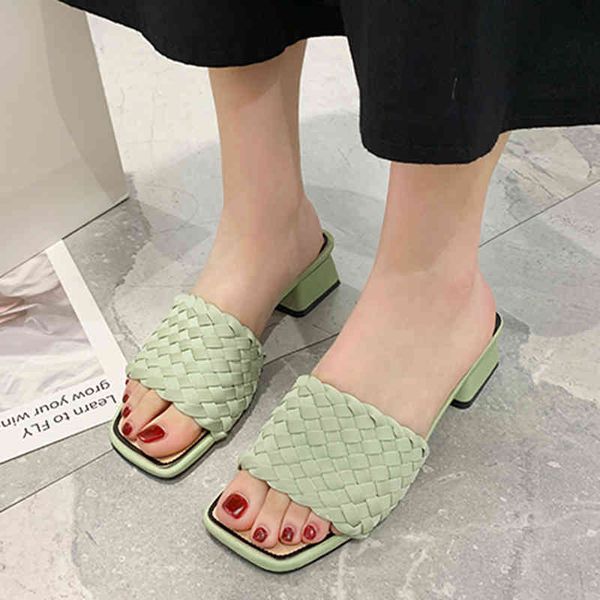 

slippers lucyever solid color weave women summer wear resisting bottom square heel slides woman simple comfort beach shoes afwl, Black