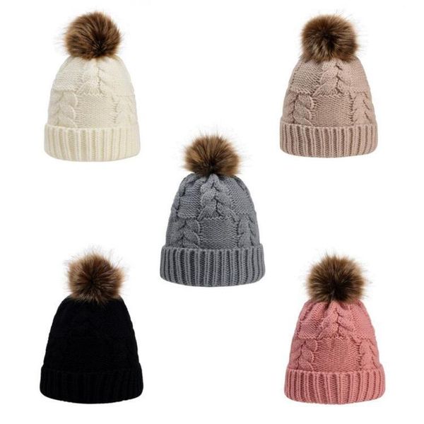 

beanies fashion warm knitted women's hat striped winter hats for women pink fur pompom wool thick skullies cap faux pom