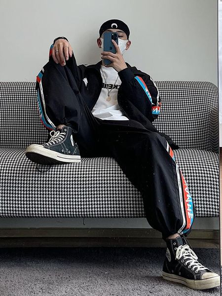 

women's pants & capris autumn side color ribbon hip-hop loose sports suit men's and fashion brand fried street set, Black;white