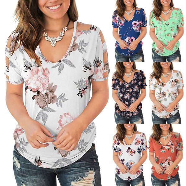 

women's t-shirt women hollow out cold shoulder splicing deep v-neck casual slim short sleeve summer outdoor strapless ladies clothes, White