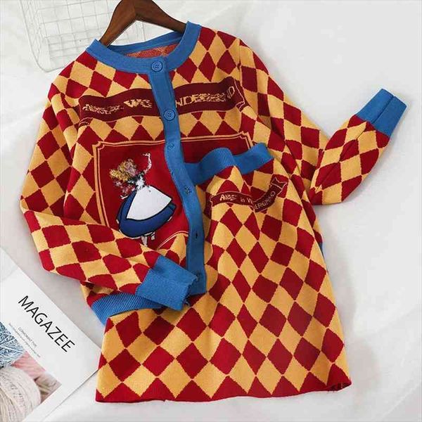 

spring lovely knitted sweaters women two piece set cartoon embroidery argyle plaid cardigan skirt set outfits matching sets tz08, Gray