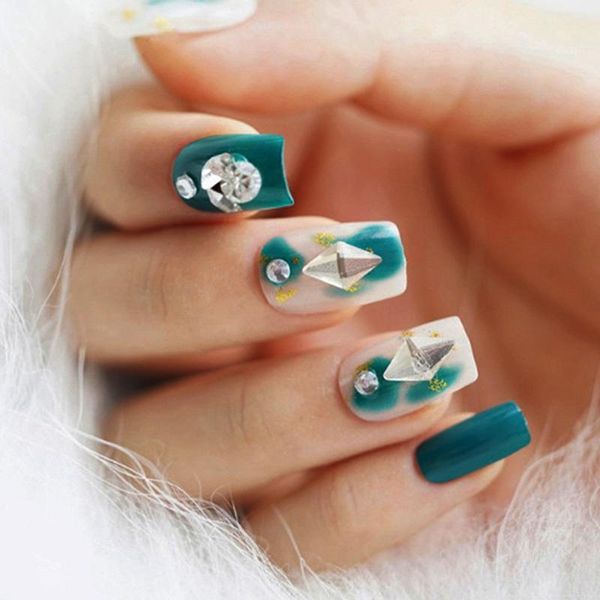 

fashion bride artificial mid-long false nail 24pcs 3d shining rhinestone nails full wrapped tips fake nails1, Red;gold