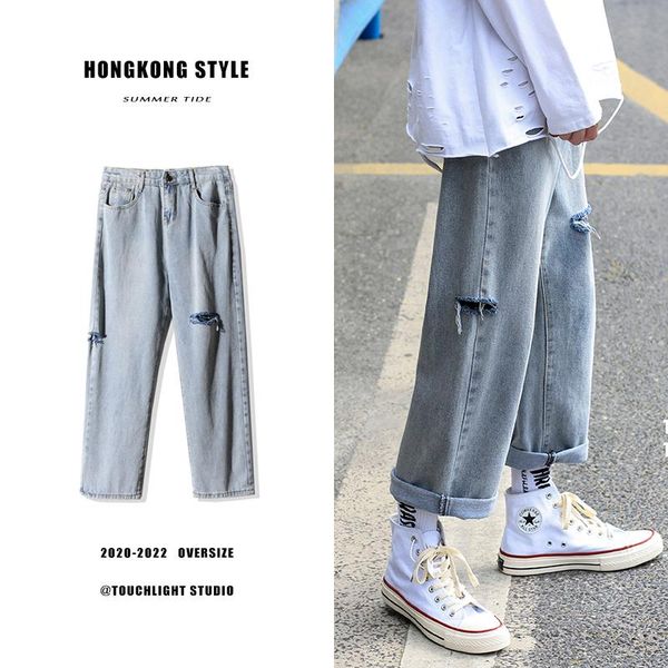

men's jeans 2021 style women in the summer cotton casual jeans/male loose hollow hip hop fashion plus size s-3xl, Blue