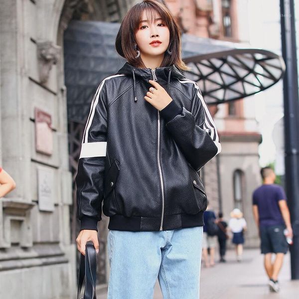 

women's leather & faux 2021 woman coats natural 100% sheepskin jackets hooded female windbreaker overcoat, Black