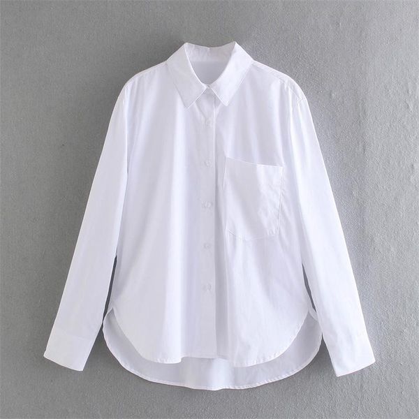 

women's blouses & shirts zxqj women 2021 fashion with pockets oversized asymmetric vintage long sleeve button-up female chic, White