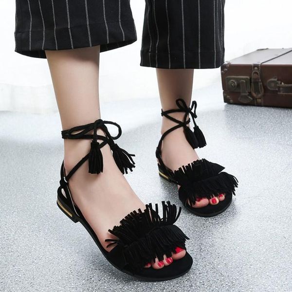 

summer sandals korean fashion open toe flow su with flat bottom before 2021 lace, Black