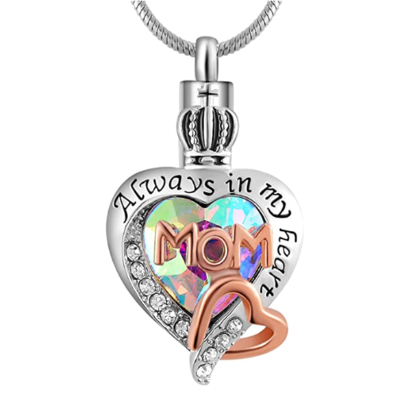 

pendant necklaces womens and girls memorial dad/mom ab color glass crystal ash urn cremation pendant,always in my heart necklace jewelry, Silver