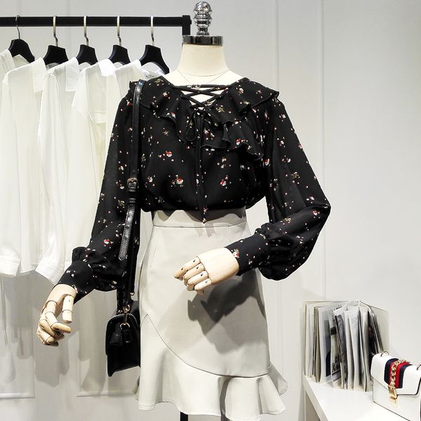 

fashion chiffon long-sleeved shirt for women 2021 spring new lace floral blusas tied ruffle all-match v-neck straight blouse, White