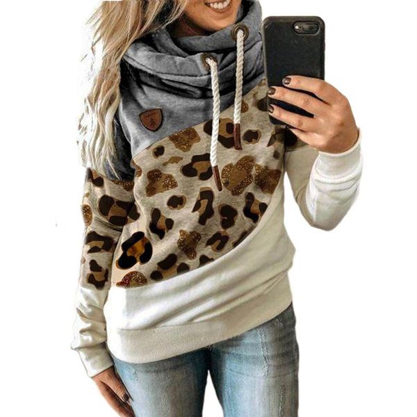 

women's hoodies & sweatshirts women leopard patchwork hooded pullovers autumn winter turtleneck warm long sleeve printed female drawstr, Black