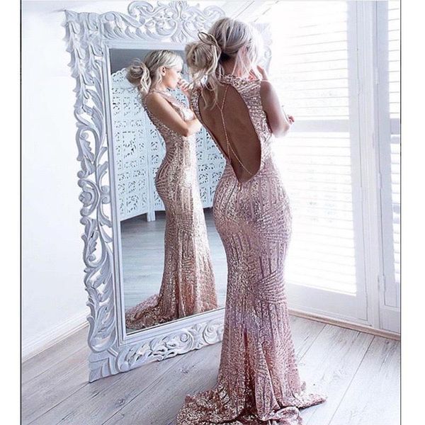 

bridesmaid dress luxury shiny rose pink long evening dresses sleeveless sequined mermaid prom backless wedding party formal gown, White;pink