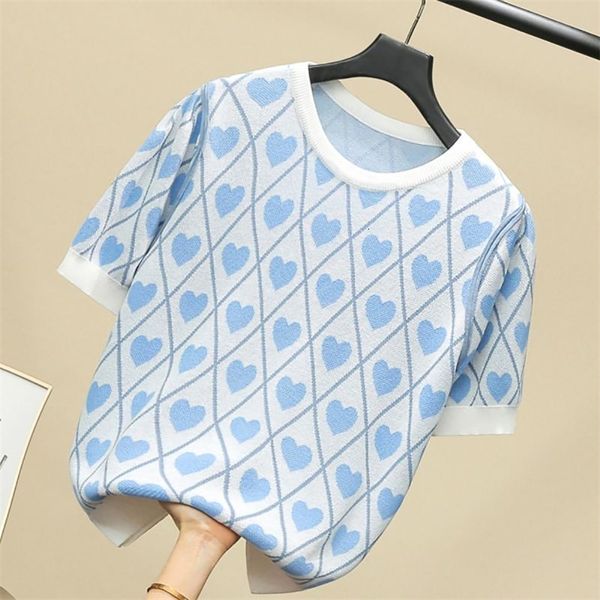 

women's knits & tees summer casual heart plaid sleeve knitted pullovers women fashion short o-neck blue s-l slim sweater woma, White