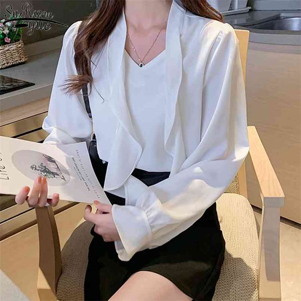 

long sleeve women's blouse fashion lace-up solid white office lady with bow v-neck ruffled shirt female 11275 210421