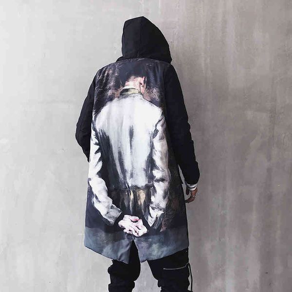 

men's down & parkas long coat men winter warm thick back printed cotton padded hooded loose windbreaker hip hop overcoats jns8, Black