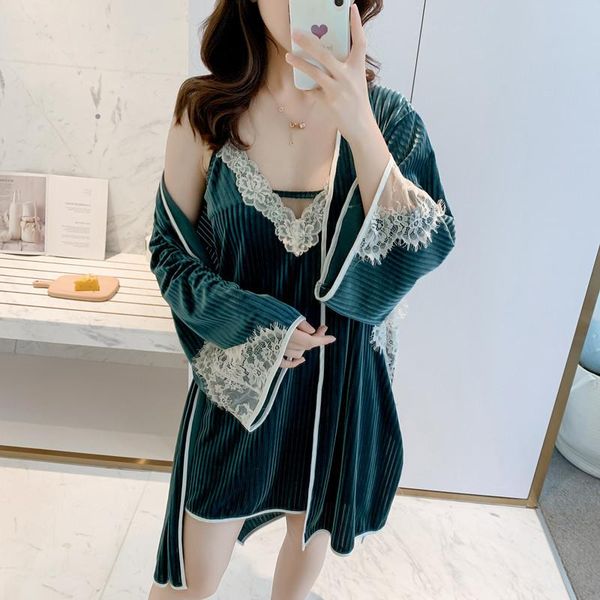 

autumn 2pcs lace trim women nightwear loose kimono bathrobe gown velour home clothing winter warm intimate lingerie sleepwear women's, Black;red